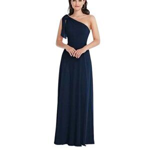 NEW After Six Draped One-Shoulder Maxi Dress with Scarf Bow in Midnight‎ Navy, 6